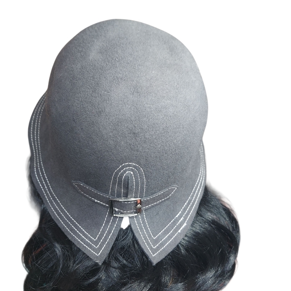 The Hatter Company Gray Felt Cloche Hat with Buckle Stitch Detail Vintage Inspir